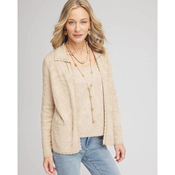 Chico's Cream Pointelle Lace Scallop Soft Mature Quiet Luxury Cardigan Size XL - Picture 1 of 9